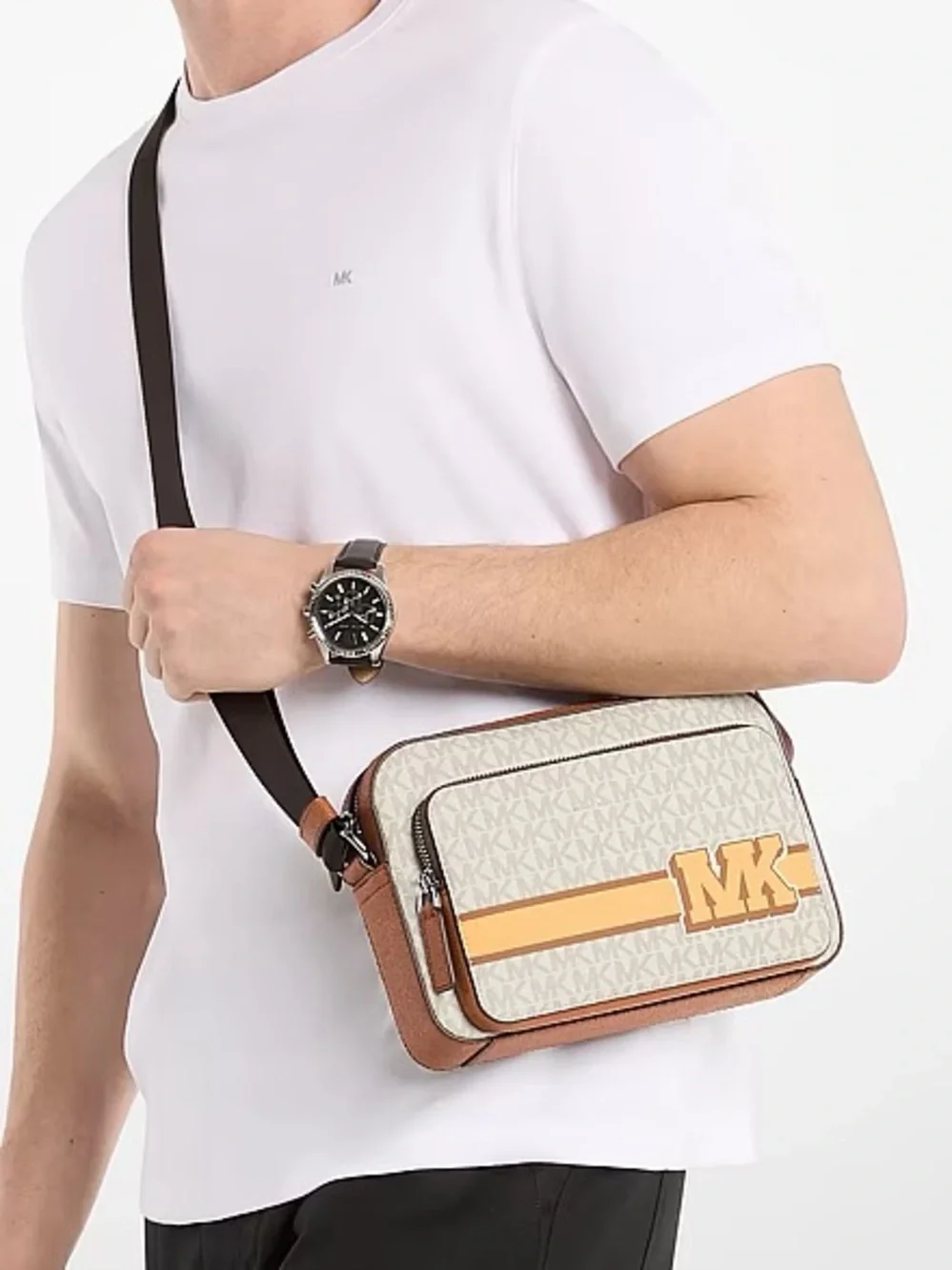 Michael Kors White and Yellow MK Logo Men’s Crossbody and Wallet Set